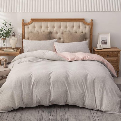 PURE ERA Jersey Knit Duvet Cover Set 100% T-Shirt Heather Cotton Super Soft Comfy Classic Striped Design, with Zipper Closure, Grey Light Pink Pinstripe, Queen