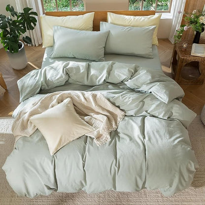 MooMee Bedding Duvet Cover Set 100% Washed Cotton Linen Like Textured Breathable Durable Soft Comfy (Heathered Sage Green, King 104"x90")