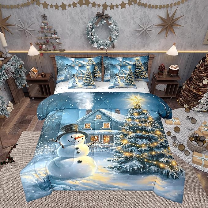 Christmas Night Full Comforter Set with Sheets Bed in a Bag 7 Pcs,Cartoon Xmas Snowman Winter Snow Bed Set,Farmhouse Style Bedding Sets with Comforter,Flat,Fitted Sheet,Pillowcases,Pillow Covers