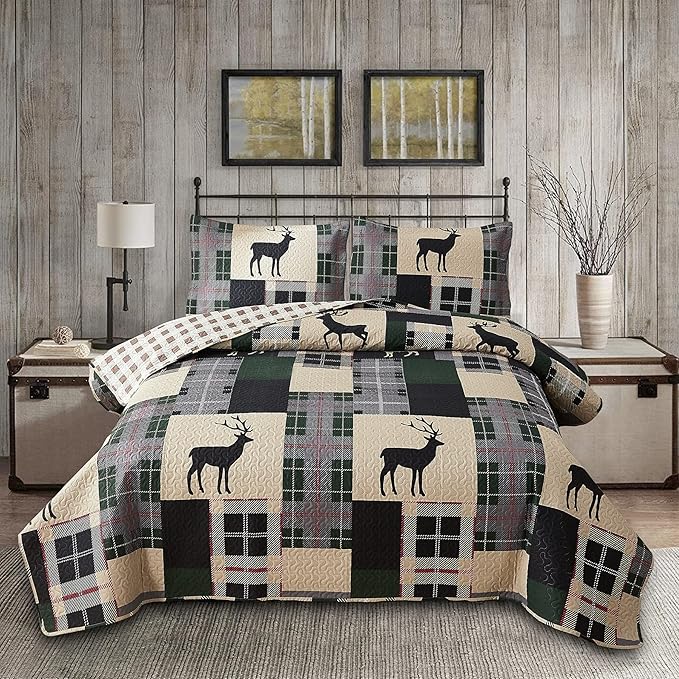 Lodge Bedspread Set King Size Rustic Cabin Quilt Set Deer Bedding Sets Lightweight Coverlet Reversible Bedspreads Elk Moose Printed Bedcover Dark Green Beige Plaid Patchwork Bedding Country Decor
