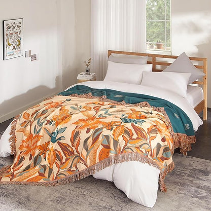 Boho Throw Blanket for Bed 90”x108”, 100% Cotton Woven Blanket for Couch Sofa, Ultra Soft 4-Layer Muslin Quilt with Floral Printed, Farmhouse Bed Blanket/Cover for Living Room Decor