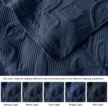 B2EVER Navy Blue Damask Quilt King Size Bedding Sets with 2 Pillow Shams, Boho Bedspread Lightweight Soft Farmhouse Vintage Bohemian Coverlet Retro Jacquard Pattern Bed Cover for All Season, 3 Pieces