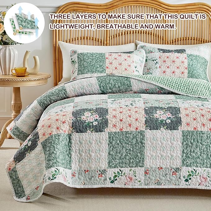 Joyreap 3 Pieces Floral Patchwork Quilt Set California King, 102x114 inches- Green n White Floral Design, Smooth Soft Microfiber Quilt, Bedspread Bed Cover for All Season
