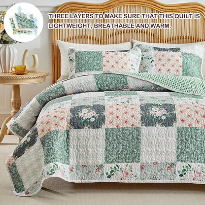 Joyreap 3 Pieces Floral Patchwork Quilt Set California King, 102x114 inches- Green n White Floral Design, Smooth Soft Microfiber Quilt, Bedspread Bed Cover for All Season