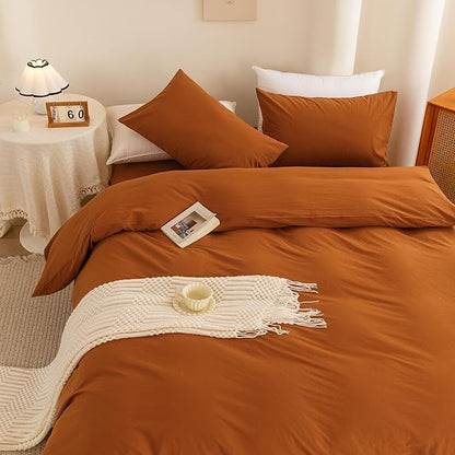ECOCOTT 100% Washed Cotton Duvet Cover Full Size – Soft & Breathable Linen Feel Bedding Set, 3 Pieces Orange Comforter Cover with Zipper Closure for All Seasons