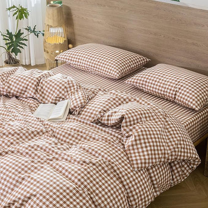 MooMee Bedding Pillowcases Gingham Pack of 2 100% Washed Cotton Linen Like Textured Breathable Durable Soft Comfy (Classic Gingham Dark Orange, Queen)