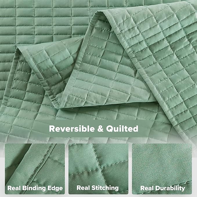 Comfort Spaces Kienna Quilt Set- Double Sided Stitching Design Summer Blanket, Lightweight, Soft, All Season Bedding Layer, Matching Sham, Sage Green, Coverlet King (104"x90") 3 Piece