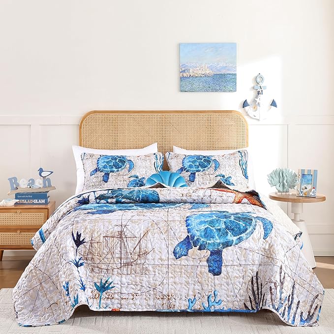 weigelia Coastal Quilts Bedding Set Queen Size - Summer Vintage Sea Turtles Nautical Bedding Quilt with Pillow Cases, Beach Reversible Quilt Set Bedspreads Coverlet Soft Lightweight Comforter