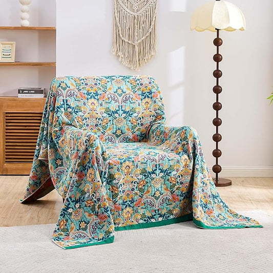 Boho Blanket Throw Quilt, 100% Cotton Soft Light Weight Throw Blankets for Summer, 90"x98" Farmhouse Flower Decorative Blankets, All Season Rustic Reversible Bohemian Throw Quilt