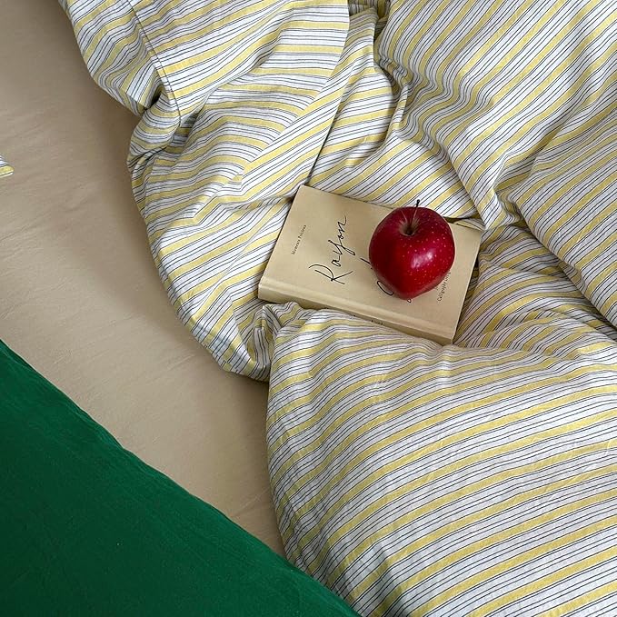 mixinni Vintage Geometric Striped Duvet Cover Set - 3 Piece 100% Washed Cotton King Size Bedding Set with Matching Pillowcases | Mid-Century Modern Design | Ultra Soft & Breathable-King Size