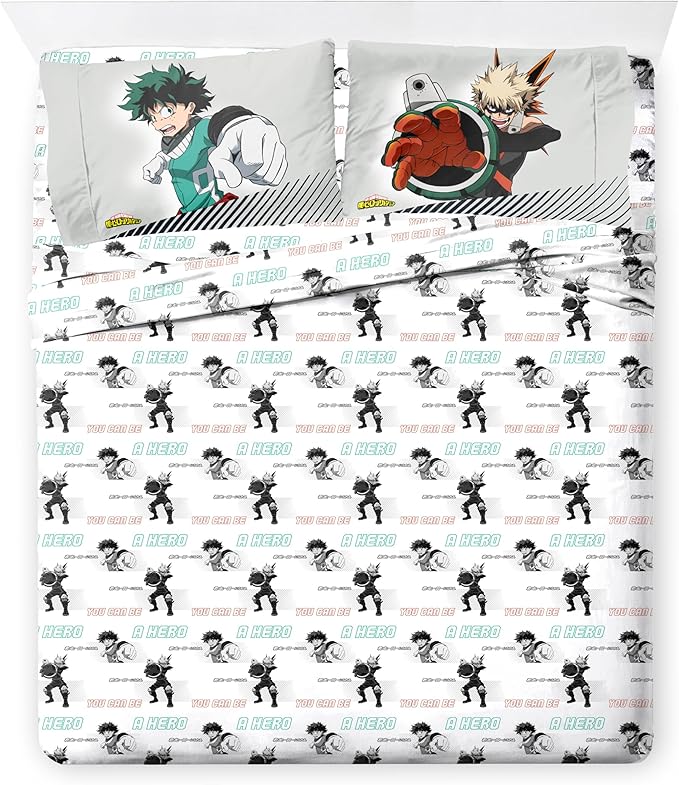 Jay Franco Kids Comforter Set Includes Sheets and Pillow Covers - Soft and Cozy Bed Set for Stylish Room Decor, Black - My Hero Academia, 7 Piece Queen Size Bedding