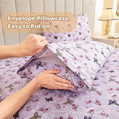 Softan Floral Twin Size Sheet Set, Purple Paisley Flower Printed Sheets for Kids Girls, Brushed Microfiber Fitted Sheet with 15" Deep Pocket & Non-Slip Straps, Butterfly Patterned Sheets