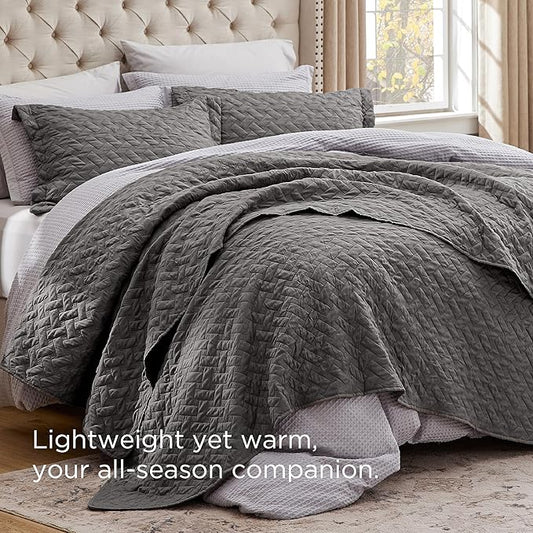 Bedsure Oversized King Quilts - Lightweight Bedspreads Oversized King Size with Basket Weave Pattern, Soft Quilt Bedding Set, Grey Comforter Set Coverlet 2 Pillow Shams (120" x 120") | Skin-Friendly Soft, All-Season Comfort, Breathable, Lightweight, Ma...