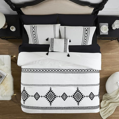 MaiRêve Embroidery Comforter Set, Boho Farmhouse Western Bedding Set, All Season Bed in A Bag Comforter Set with Sheets, Pillowcases & Shams, White Full 7 Pieces