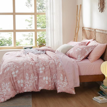 Bedsure Twin Comforter Set - 5 Pieces Floral Pink Soft Bedding Sets, Twin Bed in a Bag with Botanical Flowers Comforter, Sheets, Pillowcase & Sham