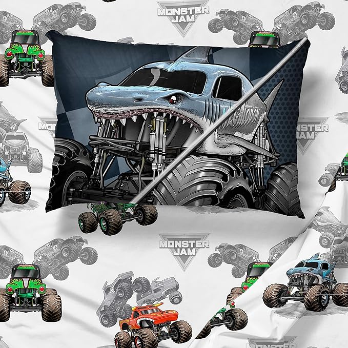 Jay Franco Monster Jam Slash 5 Piece Twin Bed Set - Includes Reversible Comforter&Sheet Set-Bed Set Features Grave Digger&Megalodon-Super Soft Fade Resistant Microfiber