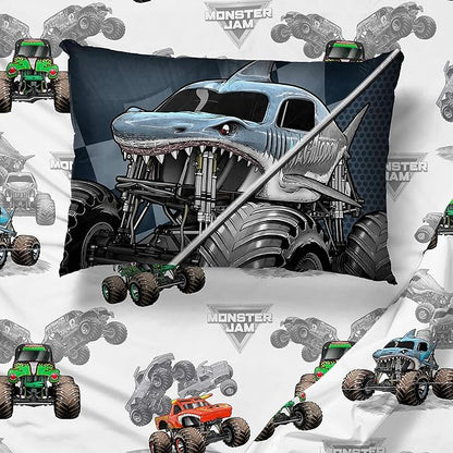 Jay Franco Monster Jam Slash 5 Piece Twin Bed Set - Includes Reversible Comforter&Sheet Set-Bed Set Features Grave Digger&Megalodon-Super Soft Fade Resistant Microfiber