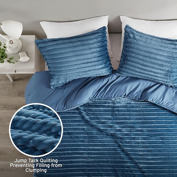 Intelligent Design Twin Comforter Set, Cozy Plush Bedding, Microfiber Reverse, 2 Piece, Lightweight, Super Soft Ribbed Velvet Comforter 1 Sham, All Season Fluffy Bed Set, Avril, Twin/Twin XL Blue