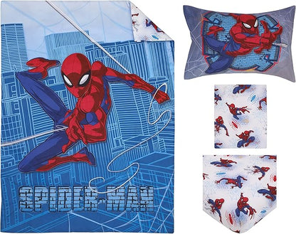 Disney Marvel Spiderman Wall Crawler Red, White, and Blue Spider Webs 4 Piece Toddler Bed Set - Comforter, Fitted Bottom Sheet, Flat Top Sheet, and Reversible Pillowcase