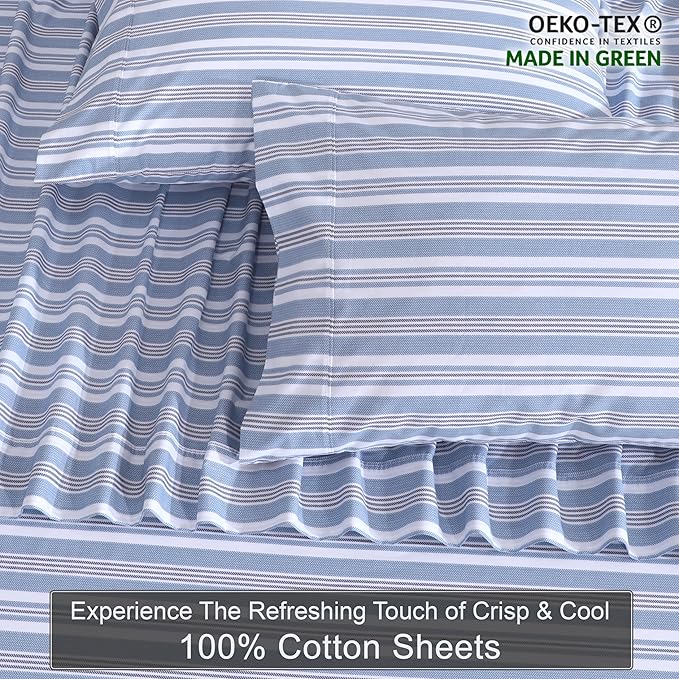 ZOYER 100% Cotton Sheets – California King Percale Bedding, Cooling & Breathable, Durable with a Crisp, Soft & Comfortable Feel, 14" Deep Pocket, 4-Piece Set, Nautica Herringbone