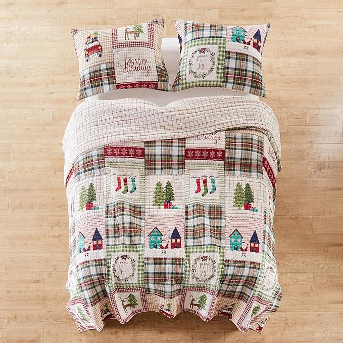 Levtex Home - Home for Christmas Sage Quilt Set - Twin Quilt (68x86in.) + One Sham (20x26in.) - Patchwork Holiday - Red Green White - Reversible - Cotton