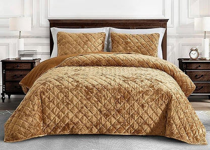 Chezmoi Collection Lux Caramel Gold Velvet Quilt King Set, 3-Piece Lush Plush Distressed Velvet Bedding All Season Lightweight Comforter Brushed Microfiber Reverse with Diamond Stitch Quilting
