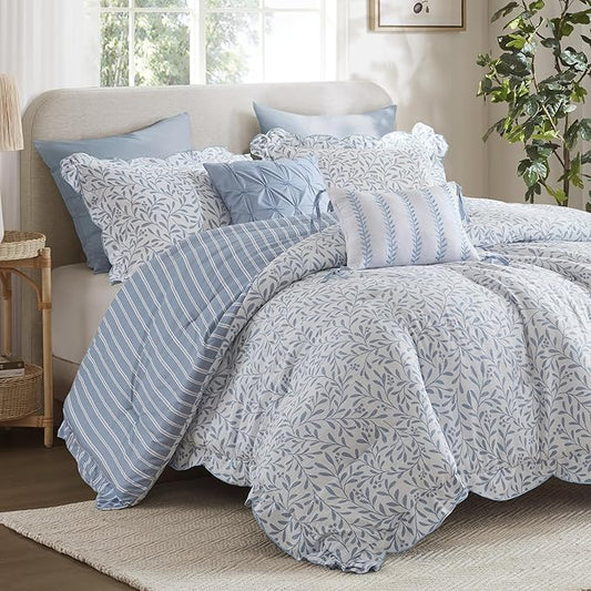 Madison Park 5-Piece Reversible Botanical Comforter Set - Summer Floral Print with Scalloped Edges, Lightweight Bedding with Decorative Pillows, King, Blue | Reversible, Lightweight