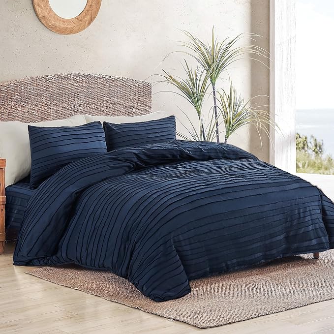 NEXHOME PRO Duvet Cover Queen,Navy 3 Pieces Boho Tufted Duvet Cover Set, Soft and Lightweight 100% Washed Microfiber Comforter Cover Set for All Season(Navy Queen, 90 x 90)-No Comforter