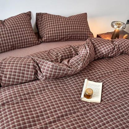 Plaid Duvet Cover Full Size Red Brown Washed Cotton Comforter Cover Full Vintage Pattern Farmhouse Zipper Duvet Cover Set with 2 Pillow Cases Boho Cute Bedding Set Checkered Duvet Protector