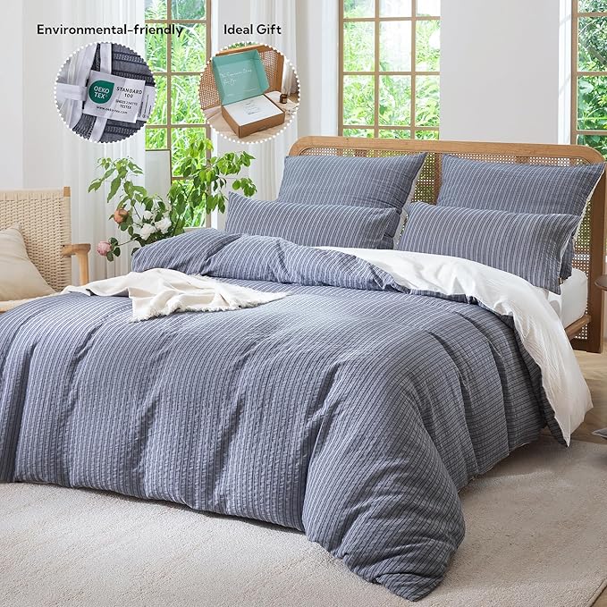 MILDLY Jacquard Stripe Duvet Cover - Navy Blue 100% Washed Cotton Boho Textured Comforter Cover Set with Zipper Closure 90"x90"