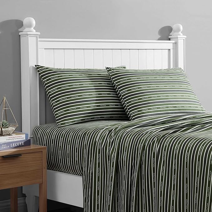 Nautica - Full Sheet Set, Breathable & Cooling Microfiber Bedding with Matching Sham(s), Casual Home Decor (Varadero Typeface Green, Full)