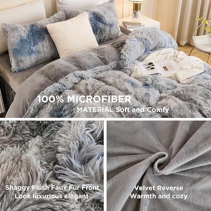 Andency Faux Fur Tie-Dyed Grey Blue Comforter Set Full Size, 3 Pieces Fluffy Fuzzy Plush Bedding Comforter Set (1 Shaggy Velvet Comforter & 2 Pillowcases), Soft Puffy Down Comforter Bedding Set