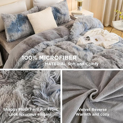 Andency Faux Fur Tie-Dyed Grey Blue Comforter Set Full Size, 3 Pieces Fluffy Fuzzy Plush Bedding Comforter Set (1 Shaggy Velvet Comforter & 2 Pillowcases), Soft Puffy Down Comforter Bedding Set