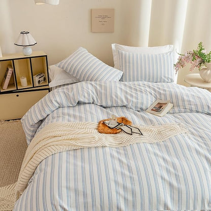 ECOCOTT Striped Duvet Cover King Size -100% Washed Cotton Linen Like Textured Breathable Durable Soft Comfy Bedding Set with Zipper Closure & Corner Ties
