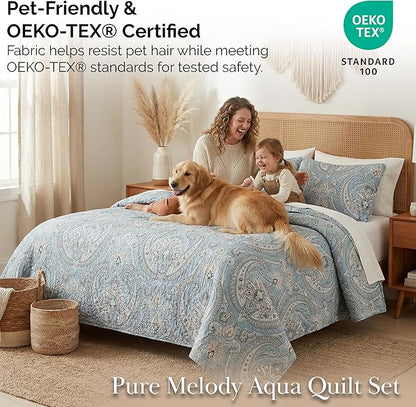 Southshore Fine Living, Inc. Oversized Quilt King Size Bedding Set, Lightweight Comforter, Cal King Quilt Coverlet & 2 Matching Quilted Pillow Shams, Blue Paisley Comforter Set, Pure Melody Aqua
