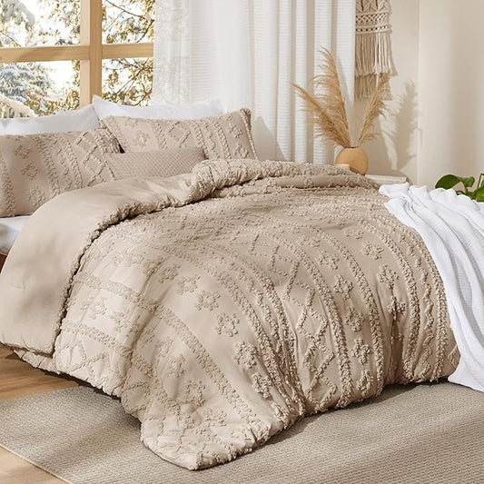 Bedsure Tufted Boho Comforter Set Twin Size - Khaki Boho Bed Set, GentleSoft™ 2 Pieces Farmhouse Shabby Chic Embroidery Bedding, Gifts for Woman, Soft Jacquard Twin Comforter for All Seasons