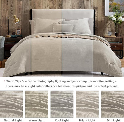 Geniospin Queen Comforter Set - 7 Pieces Comforter Queen Size, Soft Solid Bedding Set for All Season, Textured Bed in a Bag with Flat Sheet and Fitted Sheet, Pillowcases & Shams (Ivory, 90''x90'')