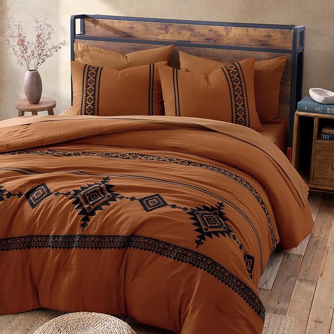 MaiRêve Embroidery Comforter Set, Boho Farmhouse Western Bedding Set, All Season Bed in A Bag Comforter Set with Sheets, Pillowcases & Shams, Burnt Orange King 7 Pieces