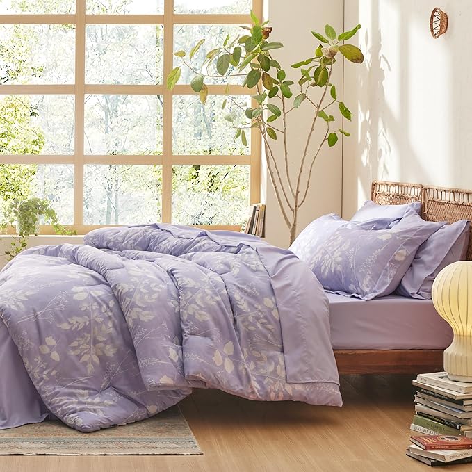 Bedsure King Size Comforter Set - 7 Pieces Floral Lavender Soft Bedding Sets, King Bed in a Bag with Botanical Flowers Comforter, Sheets, Pillowcases & Shams