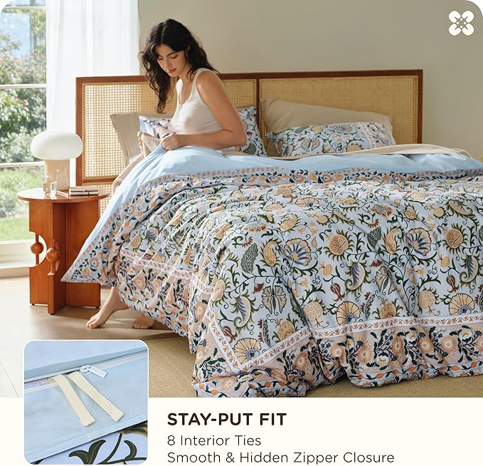Bedsure Duvet Cover King Size - 100% Cotton Reversible Classic Frame Bordered Duvet Cover Set, 3 Pieces Soft & Breathable PureWoven Bedding Set with 2 Pillow Shams (Vintage Blue Boho 104"x90")
