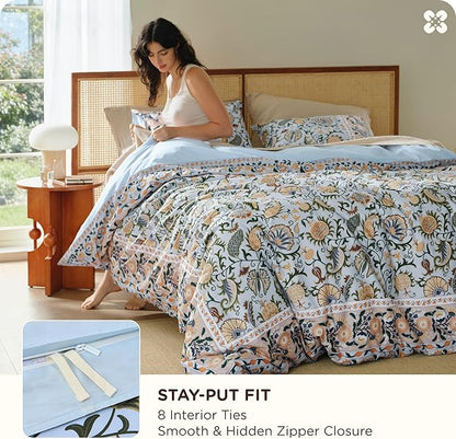 Bedsure Duvet Cover King Size - 100% Cotton Reversible Classic Frame Bordered Duvet Cover Set, 3 Pieces Soft & Breathable PureWoven Bedding Set with 2 Pillow Shams (Vintage Blue Boho 104"x90")