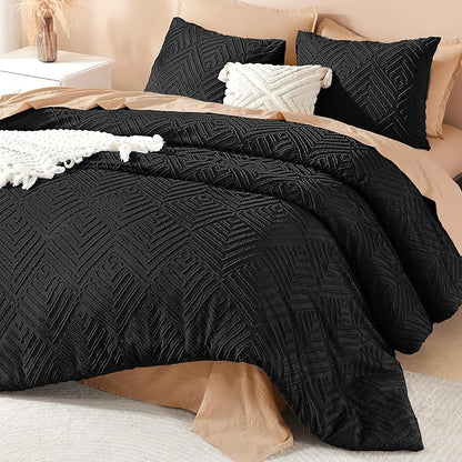 Litanika California King Comforter Set Black, 3 Pieces Tufted Boho Farmhouse Bedding Comforter Sets, Lightweight Fluffy Comforter Bed Set for All Season (104x96In Comforter and 2 Pillowcases)