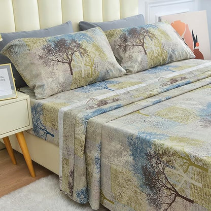JSD Rustic Print Sheet Set Queen Size, 4 Piece Tree Pattern Soft Microfiber Bed Sheets Extra Deep Pocket