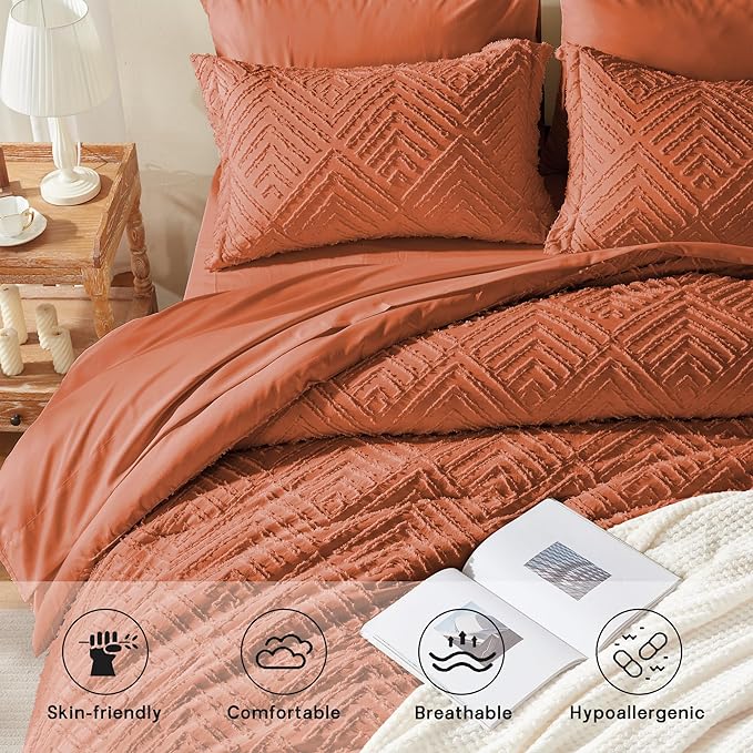 Zzlpp King Comforter Set 7 Pieces, Burnt Orange Tufted Bed in a Bag with Comforter, Pillow Shams, Pillowcases, Flat Sheet, Fitted Sheet