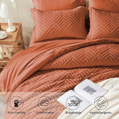 Zzlpp Queen Comforter Set 7 Pieces, Burnt Orange Tufted Bed in a Bag with Comforter, Pillow Shams, Pillowcases, Flat Sheet, Fitted Sheet