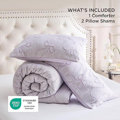 Bedsure Lavender Comforter Set Queen, GentleSoft™ 3 Pieces Breathable Bow Comforter Set Women Girls with 2 Pillow Shams, Cute Queen Bedding Sets Room Decor Aesthetic Bedroom Decor, 90x90 Inches