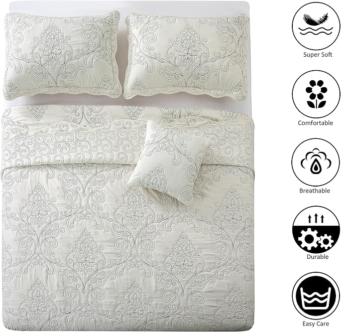 Home Soft Things Damask 4 Piece Bedspread Set, Scalloped Edge Reversible Coverlet Comforter Prewashed Bedding Set, Matelasse Embossed Floral Solid Pattern,Antique White Oversize King(120" x 120")