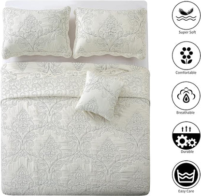 Home Soft Things Damask 4 Piece Bedspread Set, Scalloped Edge Reversible Coverlet Comforter Prewashed Bedding Set, Matelasse Embossed Floral Solid Pattern,Antique White Oversize King(120" x 120")