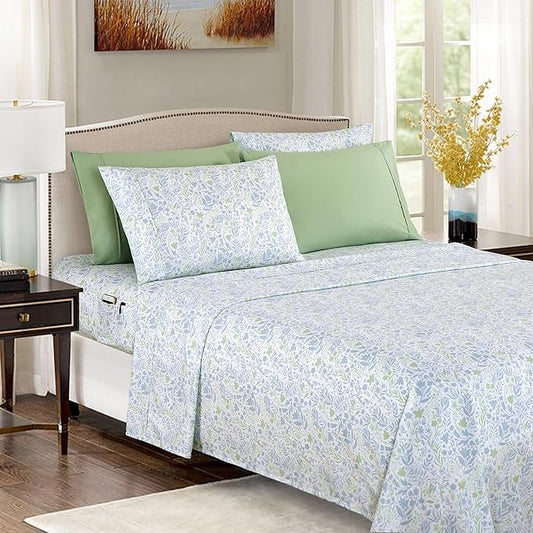Elegant Comfort Softest and Coziest 6-Piece Sheet Set - 1500 Premium Hotel Quality Microfiber - Deep Pocket, Wrinkle Resistant 6-Piece Floral Bed Sheet Set, Queen, Anita Green