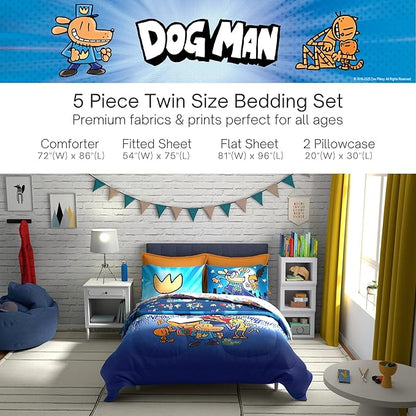 Dog Man Supa Buddies Kids Bedding Set, Full Size, 5-Piece Super Soft Cozy Reversible Comforter & Sheet Set (Officially Licensed Product) by Franco | Durable, Reversible, Officially Licensed